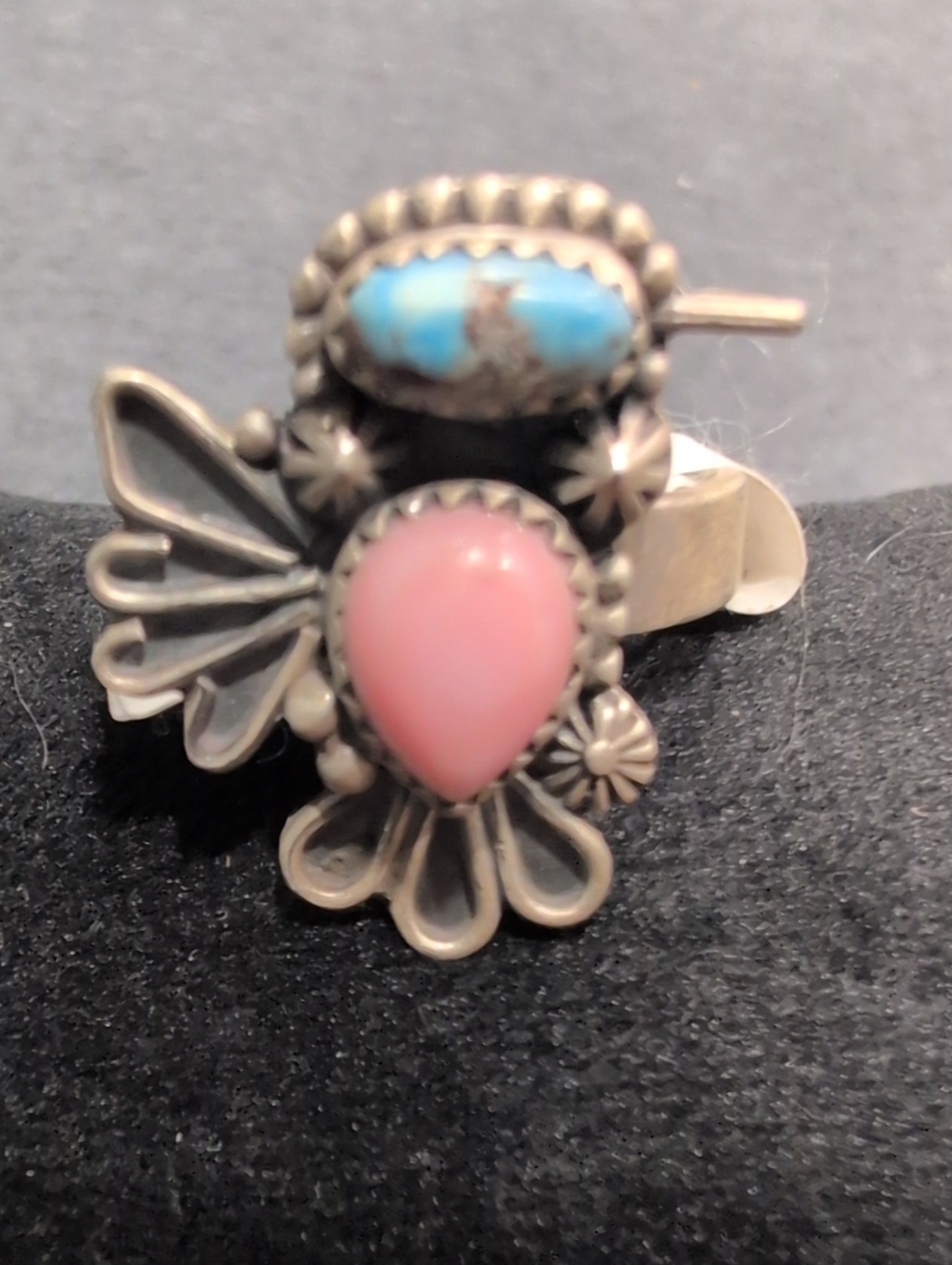 Sterling Silver Pink Coral and Golden Hills  Turquoise Humingbird Ring
